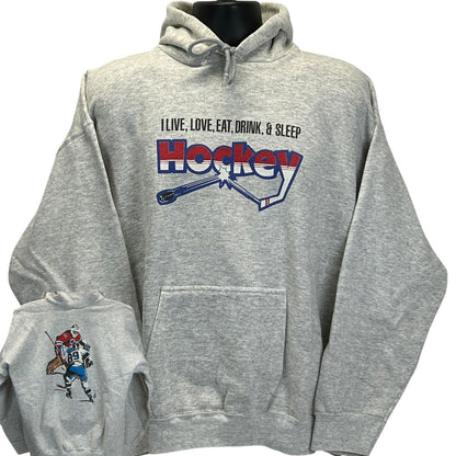 Vintage I Live Hockey Hoodie Mens X-Large Hooded Sweatshirt 90s Made In USA Gray