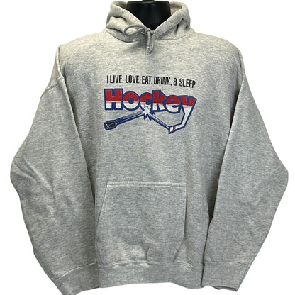 Vintage I Live Hockey Hoodie Mens X-Large Hooded Sweatshirt 90s Made In USA Gray