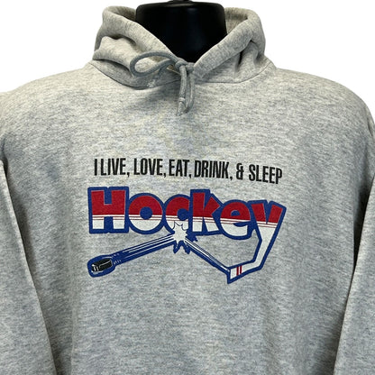 Vintage I Live Hockey Hoodie Mens X-Large Hooded Sweatshirt 90s Made In USA Gray