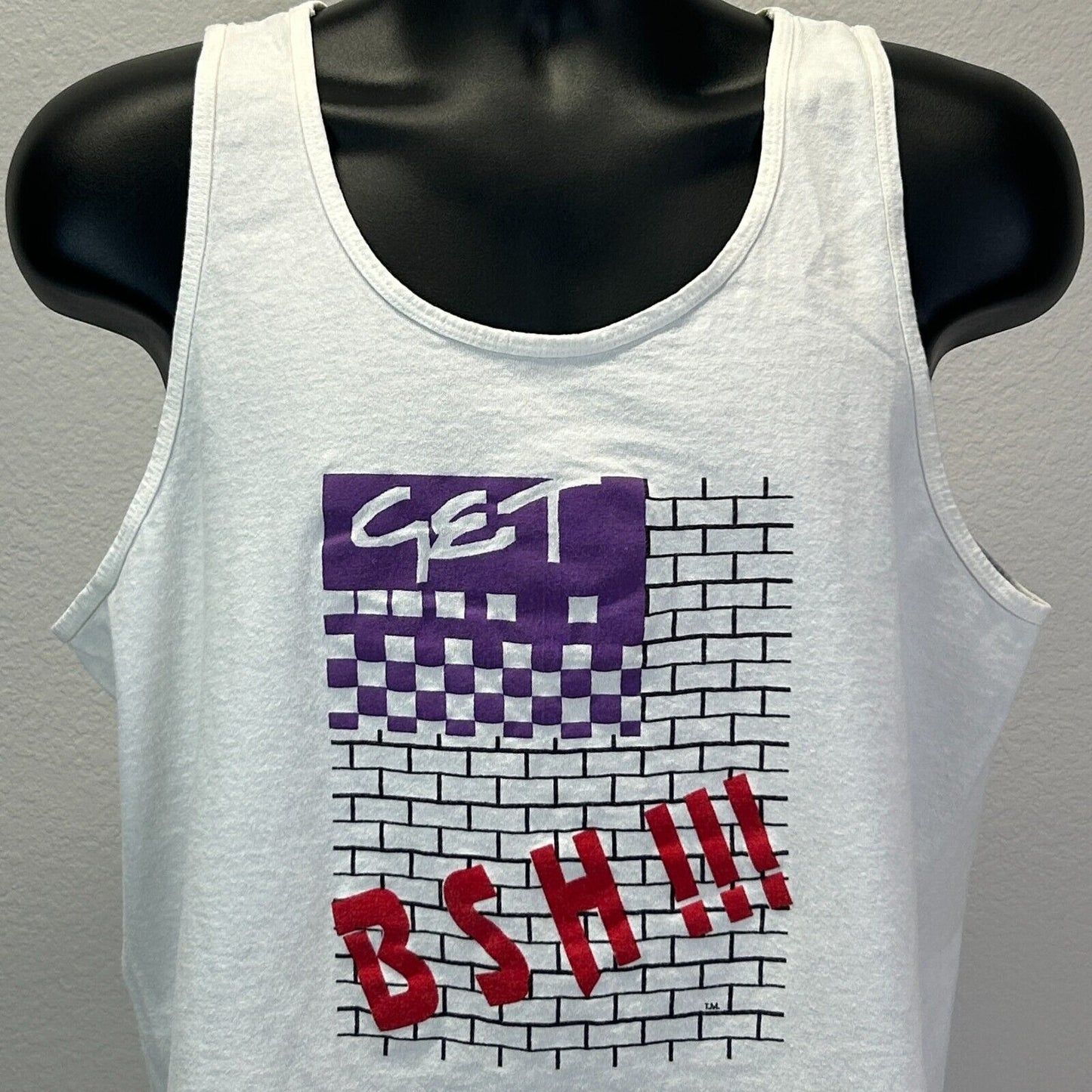 Vintage Big Strong Healthy BSH Tank Top Mens Large Gym Workout T Shirt 90s White