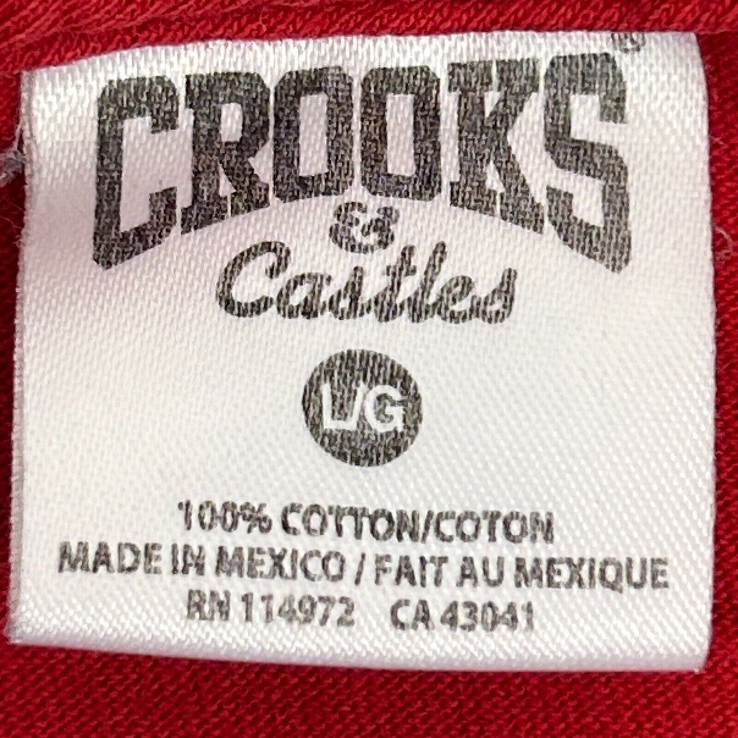 复古 Crooks and Castles T 恤 男式 大号 Original Crew 2002 洛杉矶 红色