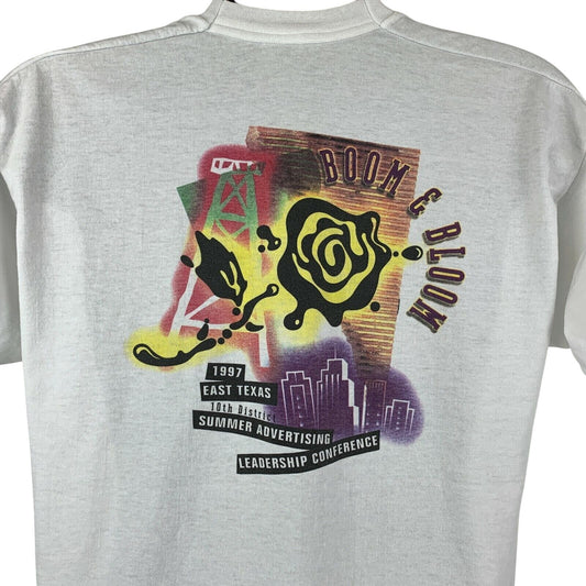 Vintage Boom & Bloom Texas T Shirt Mens X-Large 90s Advertising Conference White