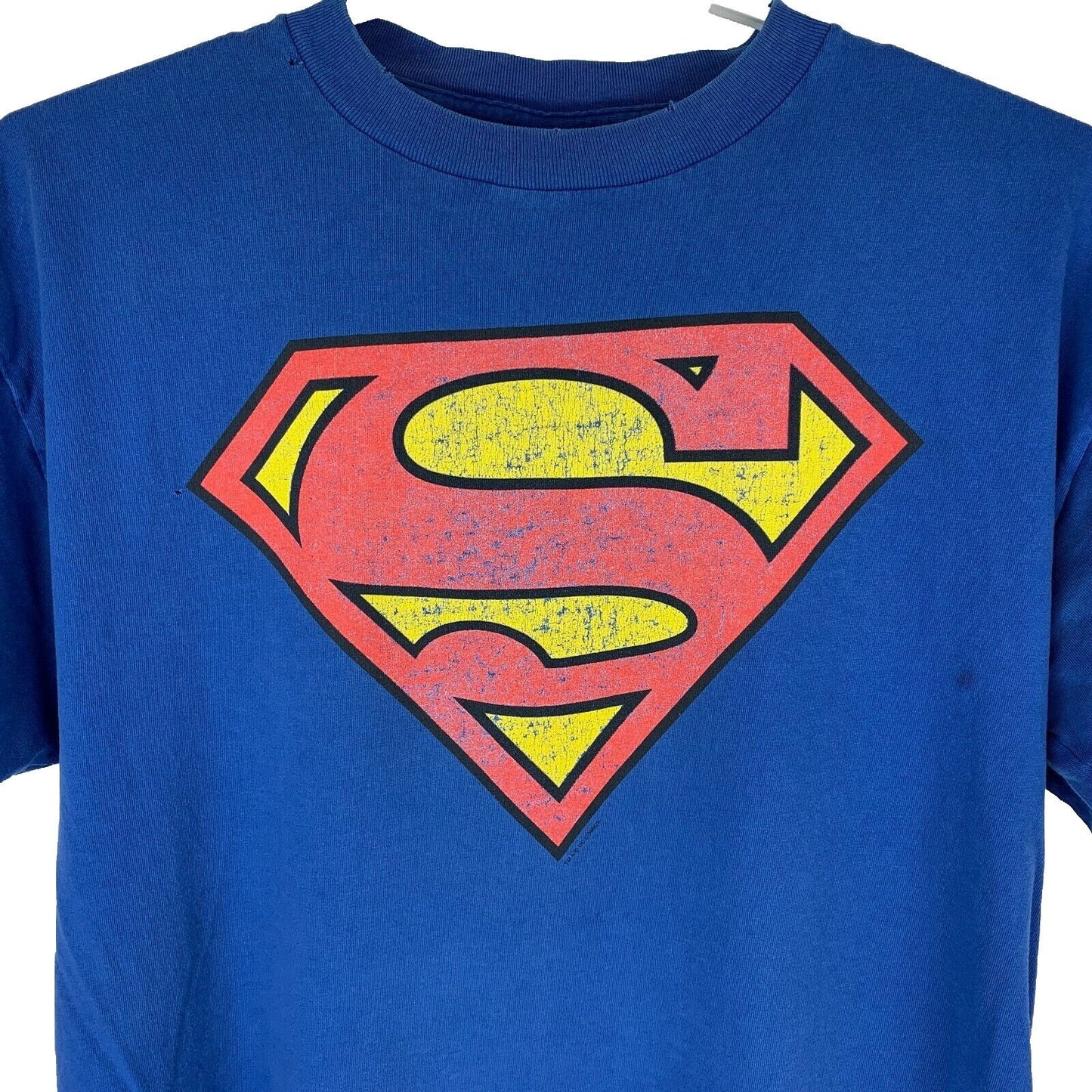 Camiseta vintage con el logotipo de Superman desgastado para hombre, talla extragrande, camiseta de DC Comics de los años 90, color azul