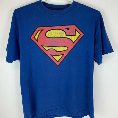 Camiseta vintage con el logotipo de Superman desgastado para hombre, talla extragrande, camiseta de DC Comics de los años 90, color azul