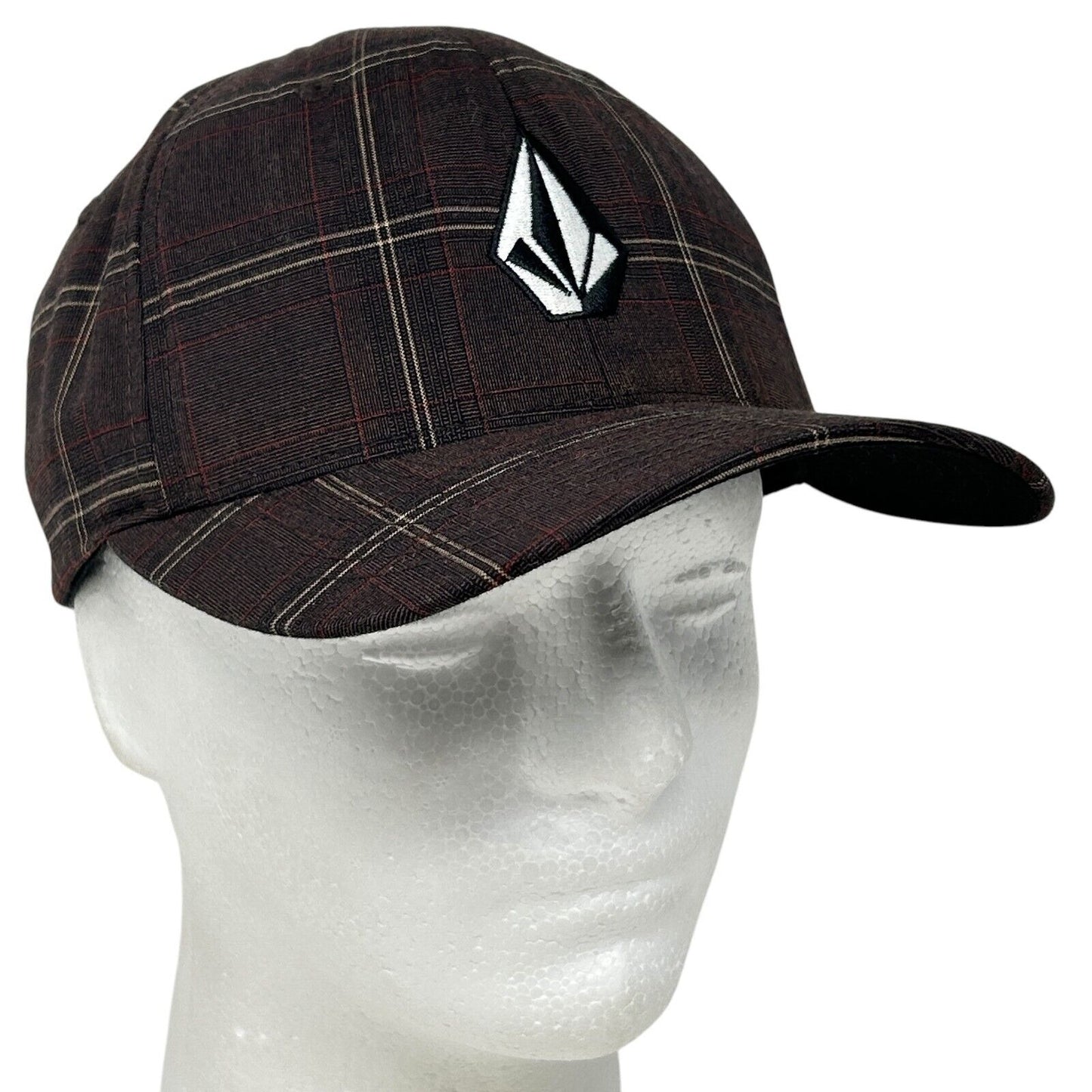 Volcom Plaid Baseball Hat Cap Snowboarding Skater Surfer Skier Brown FlexFit S-M