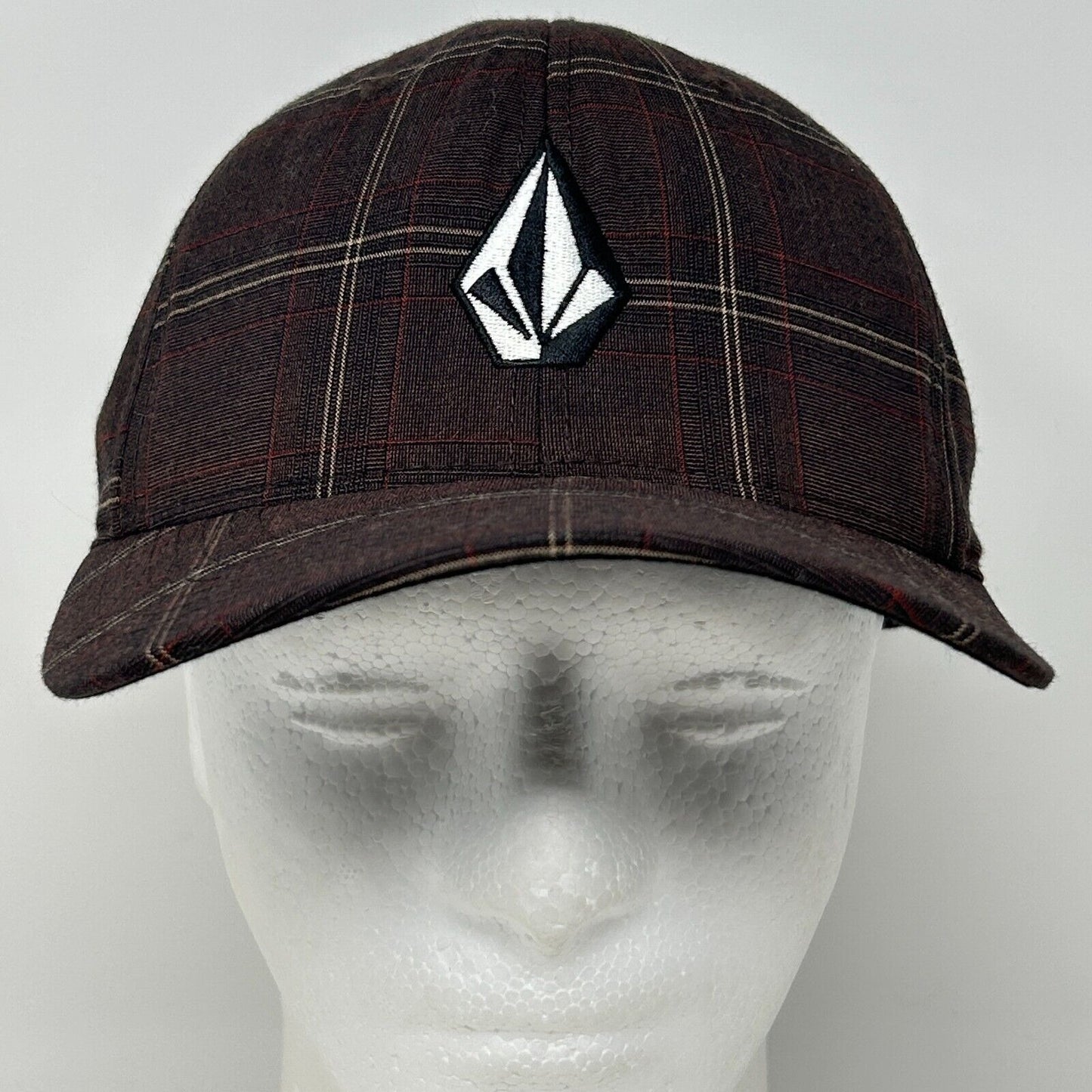 Volcom Plaid Baseball Hat Cap Snowboarding Skater Surfer Skier Brown FlexFit S-M