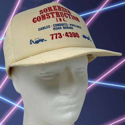 Vintage Sorensen Construction Inc Trucker Hat Baseball Cap Mesh Snapback Ivory