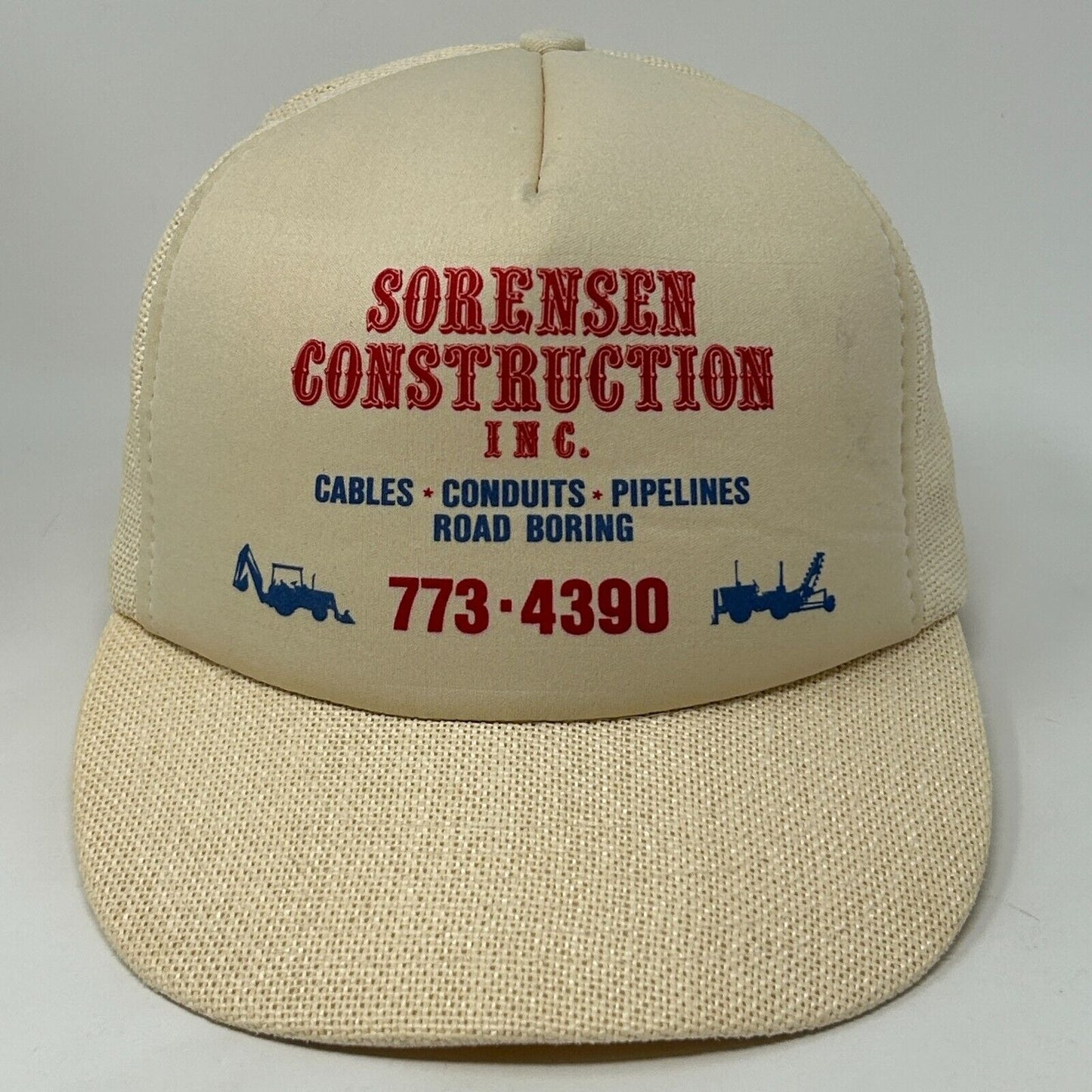 Vintage Sorensen Construction Inc Trucker Hat Baseball Cap Mesh Snapback Ivory