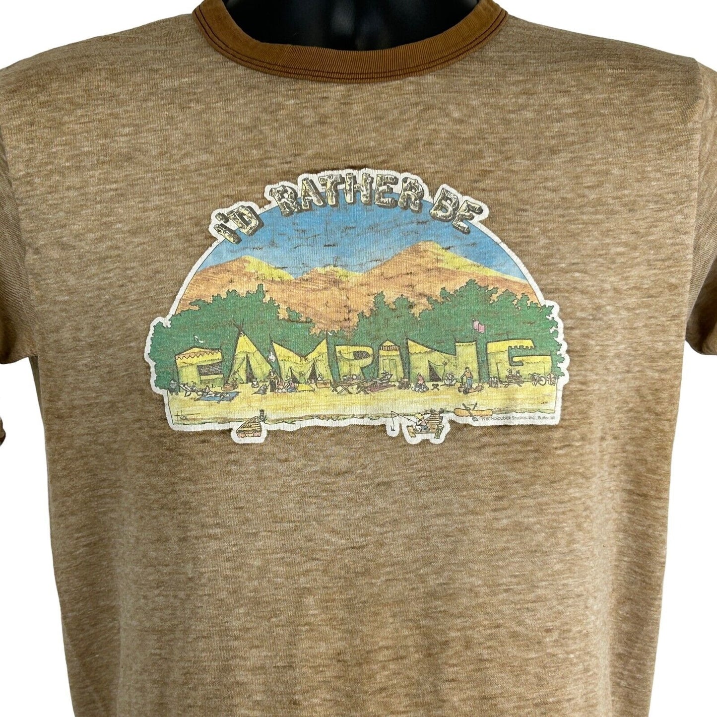 Vintage Distressed Rather Be Camping Ringer T Shirt Mens Small Camper 80s Brown