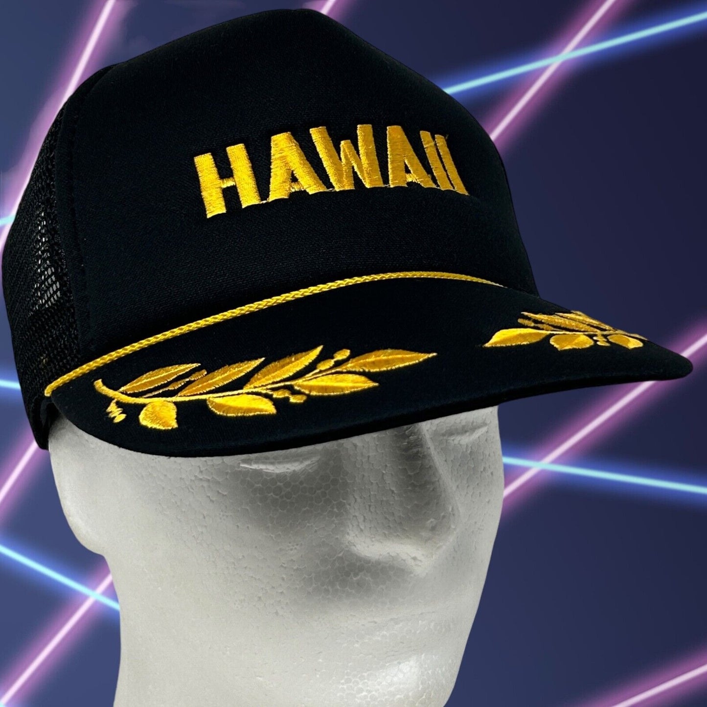 Vintage Hawaii Trucker Hat Baseball Cap Scrambled Eggs Rope Cord Snapback Black