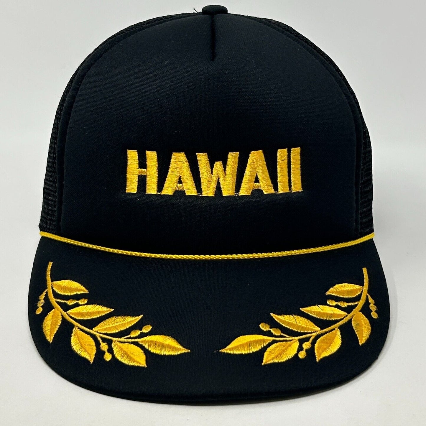 Vintage Hawaii Trucker Hat Baseball Cap Scrambled Eggs Rope Cord Snapback Black