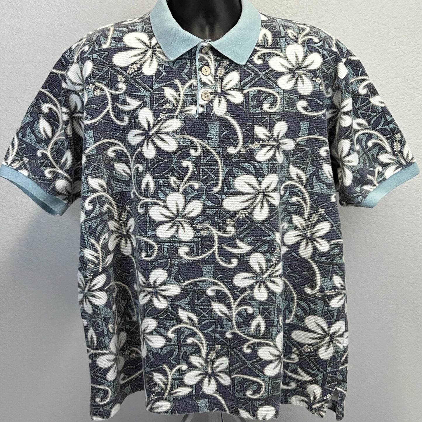 Vintage OP Sport Hawaiian Polo Shirt Mens XXL Blue Ocean Pacific Floral Ribbed