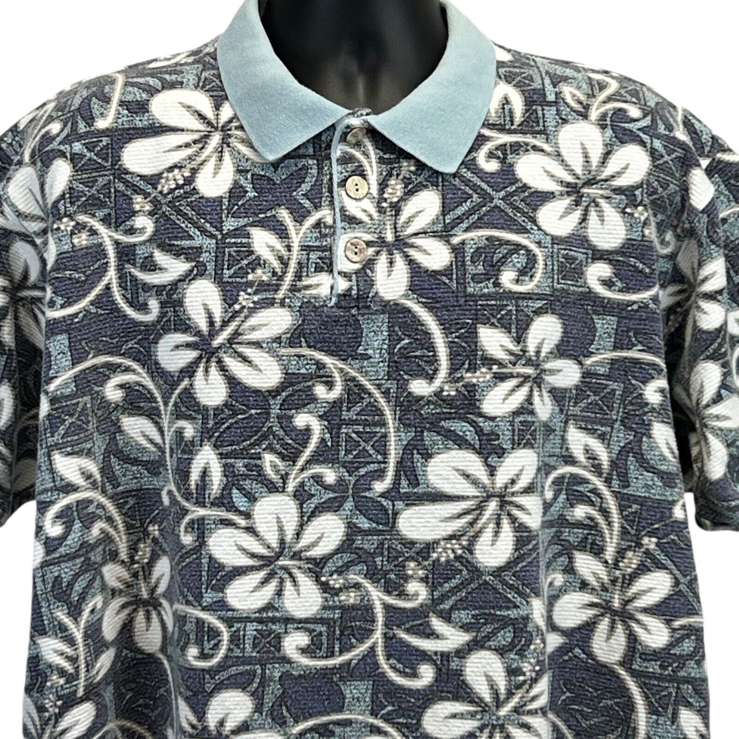 Vintage OP Sport Hawaiian Polo Shirt Mens XXL Blue Ocean Pacific Floral Ribbed