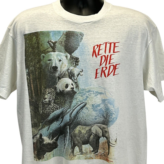 Vintage Rette Die Erde T Shirt Mens 2XL Save The Earth Day 90s Nature Tee White