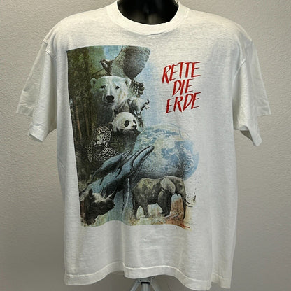 Vintage Rette Die Erde T Shirt Mens 2XL Save The Earth Day 90s Nature Tee White