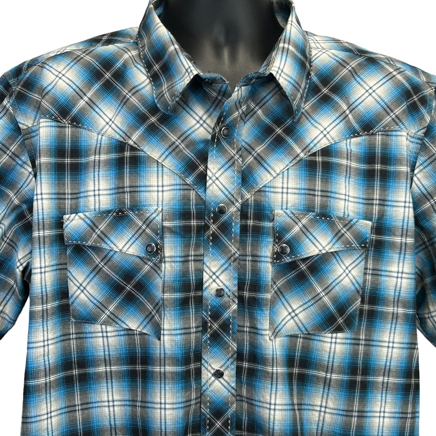 Wrangler Western Black Pearl Snap Shirt Cowboy Blue Plaid manga corta grande