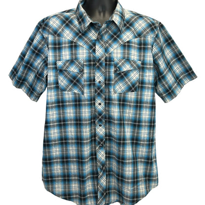 Wrangler Western Black Pearl Snap Shirt Cowboy Blue Plaid manga corta grande