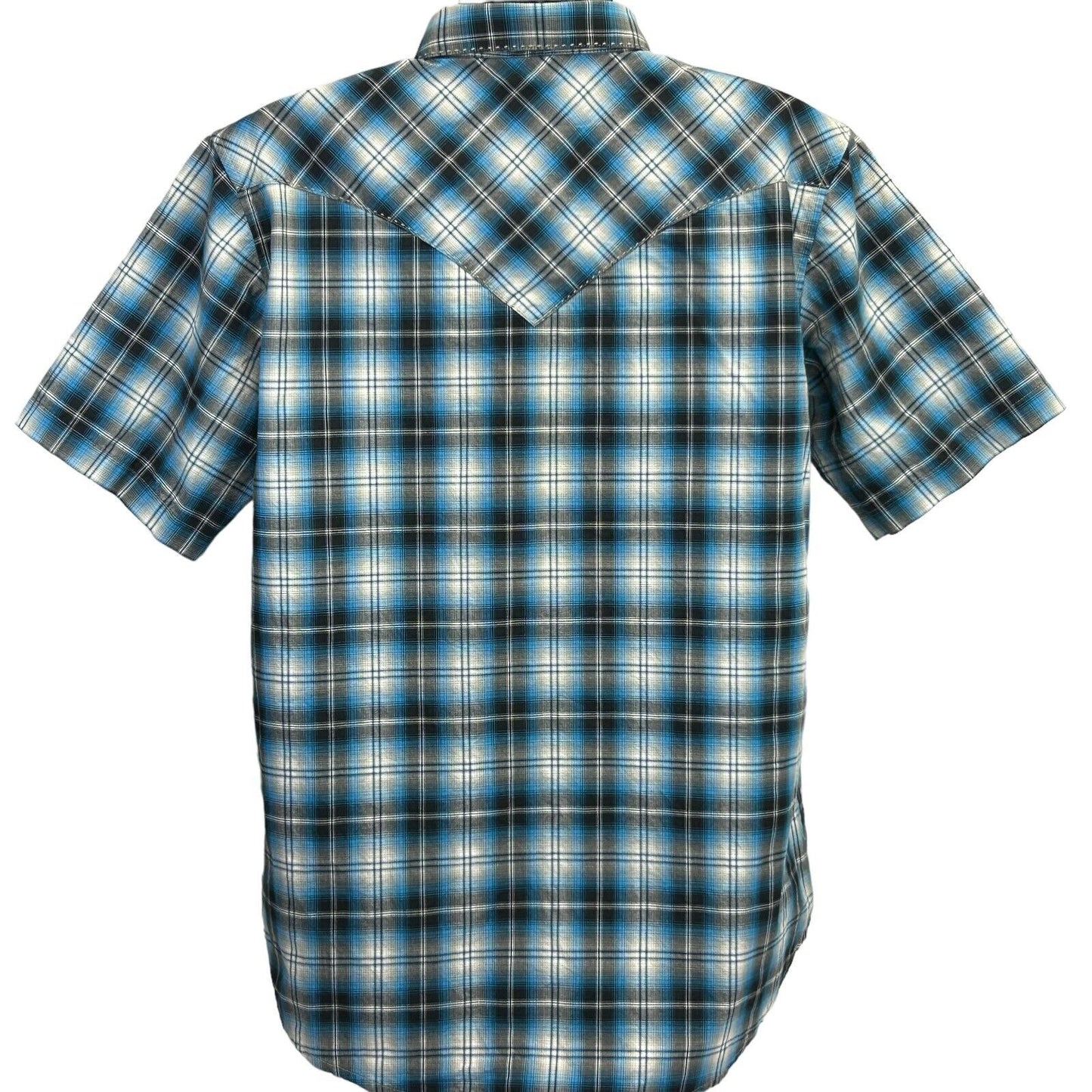 Wrangler Western Black Pearl Snap Shirt Cowboy Blue Plaid Short Sleeve Large