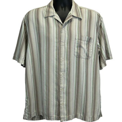 Tommy Bahama Silk Button Front Camp Shirt Mens Large Hawaiian Striped Beige