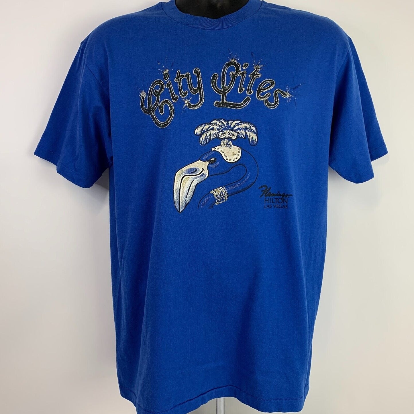 Vintage Flamingo Casino T Shirt Mens Large Las Vegas Gambling Showgirl USA Blue