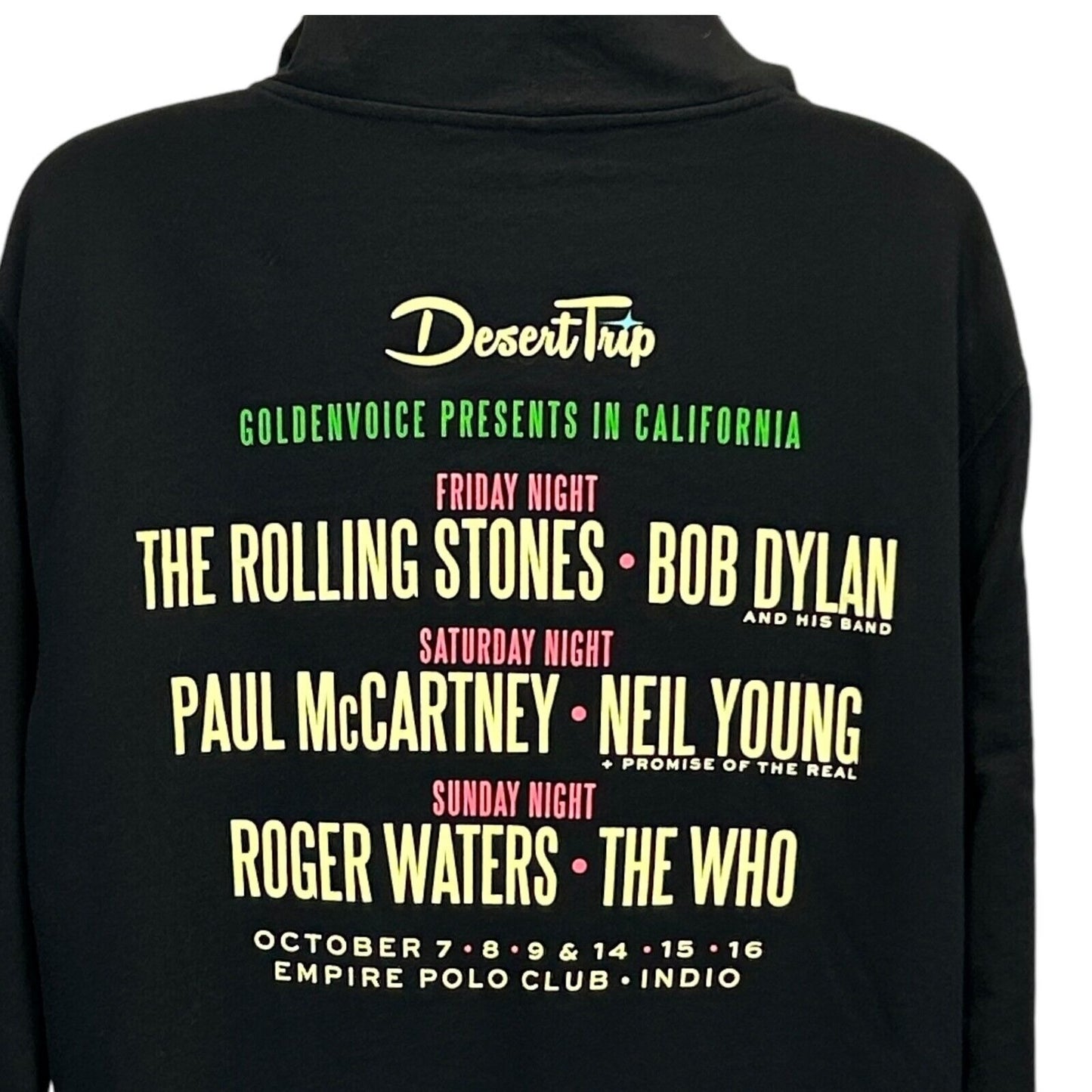 Desert Trip Festival 2016 Hoodie Mens XL X-Large Rolling Stones Bob Dylan Black