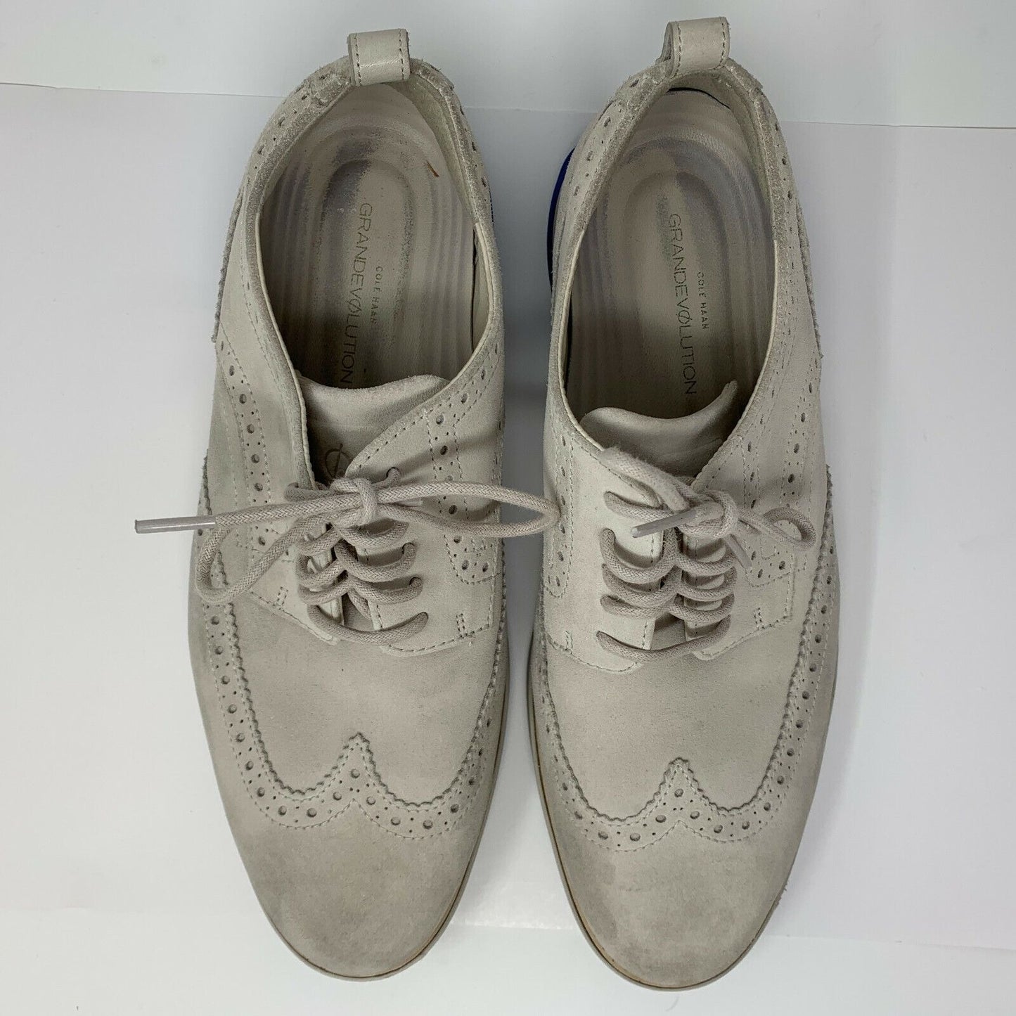 Cole Haan Grand Evolution Wingtip Oxford Shoes Mens 10 Stone White Suede C26311