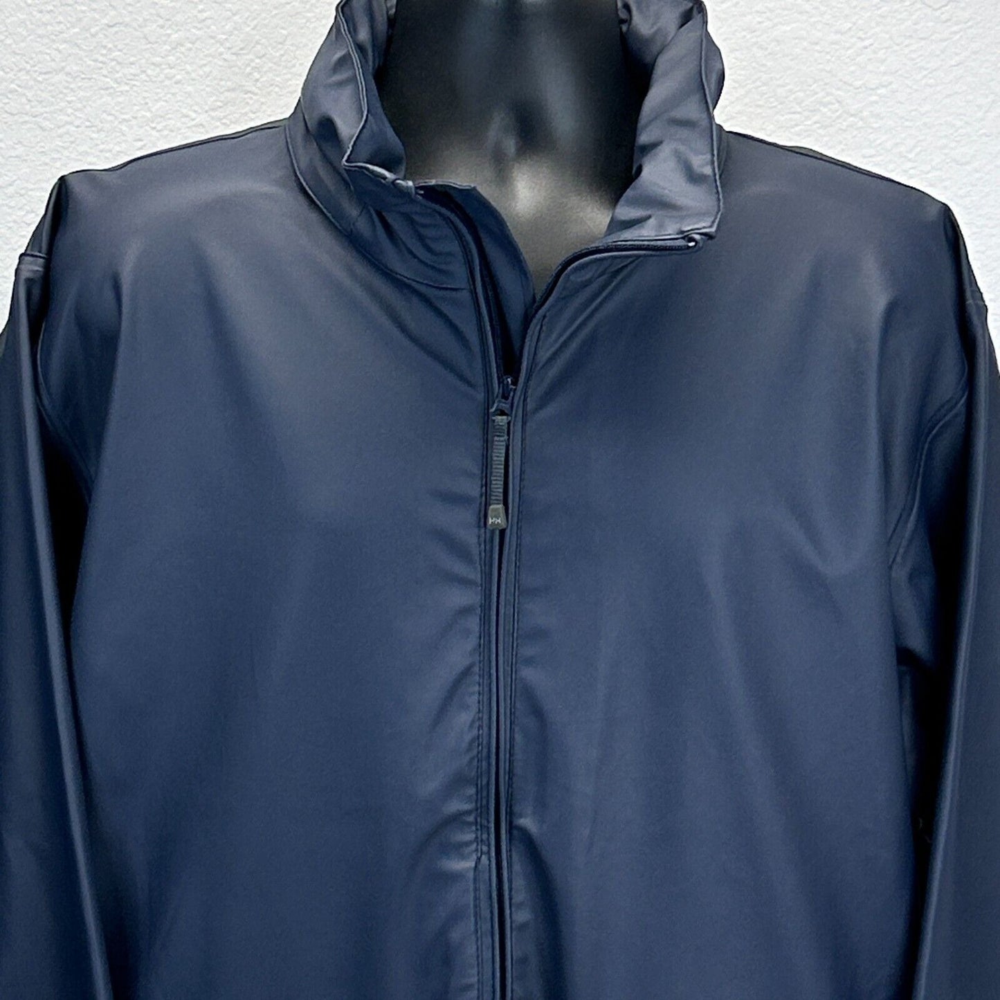 Helly Hansen Raincoat Jacket Mens Large Blue Hidden Hood Pockets Backpacking