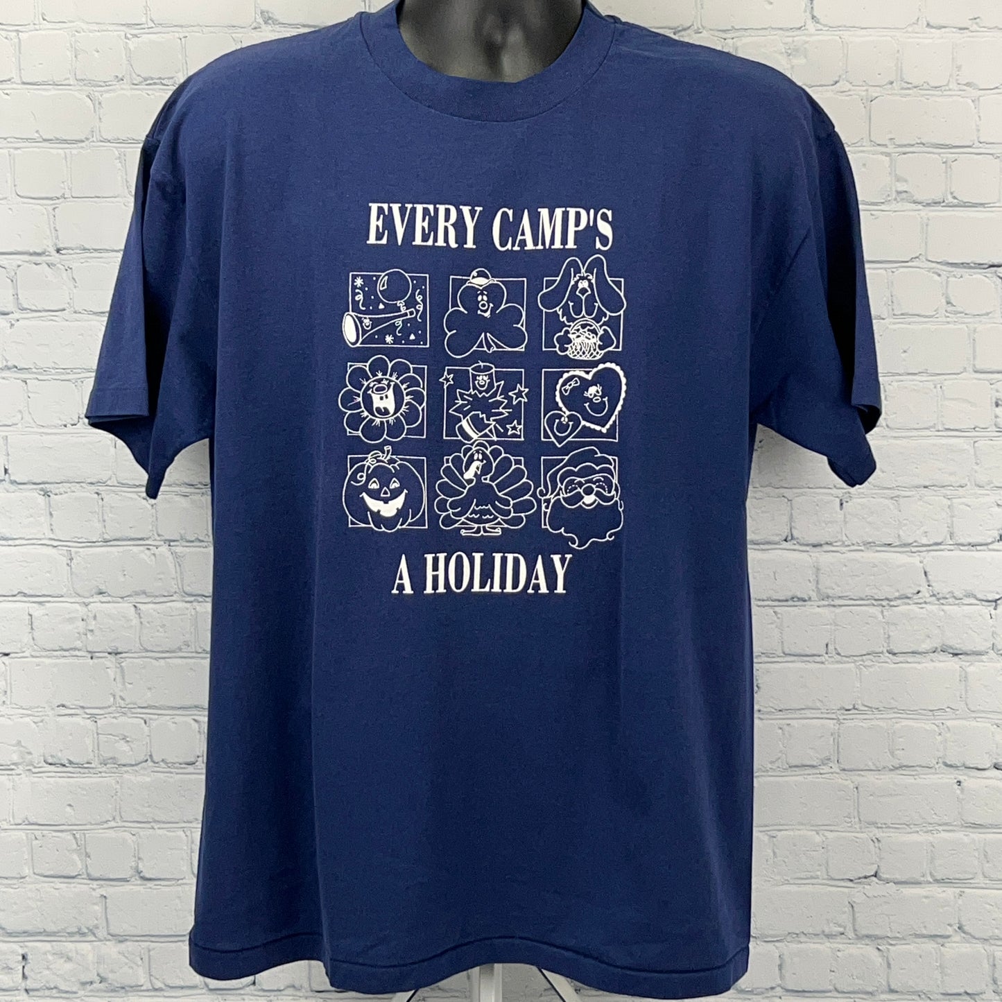 Vintage 80s Every Camps a Holiday T Shirt Seasons Camping Blue Unisex XL X-Large - Neon Vintage