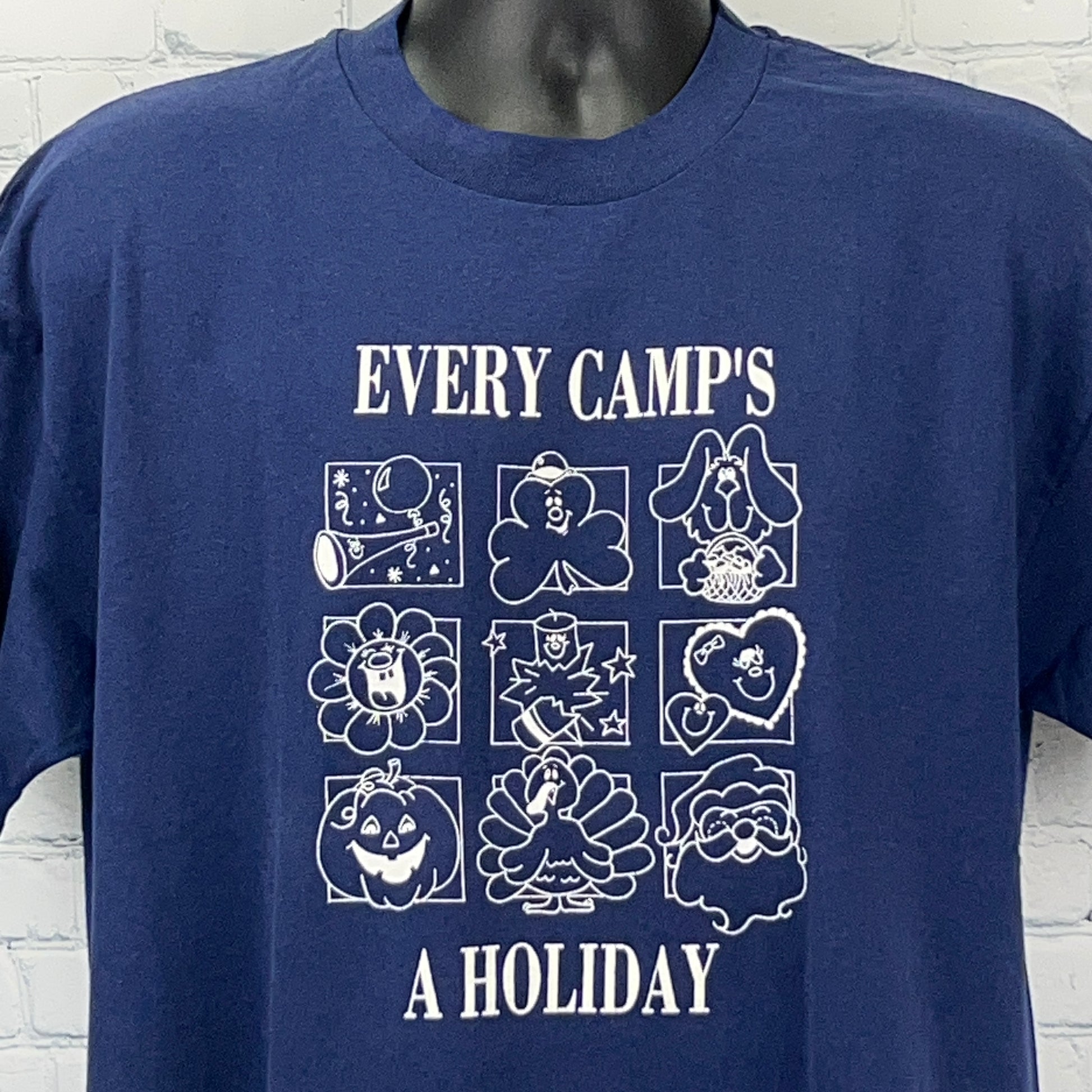 Vintage 80s Every Camps a Holiday T Shirt Seasons Camping Blue Unisex XL X-Large - Neon Vintage