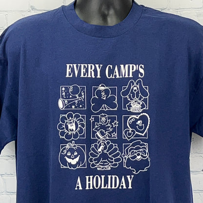 Vintage 80s Every Camps a Holiday T Shirt Seasons Camping Blue Unisex XL X-Large - Neon Vintage