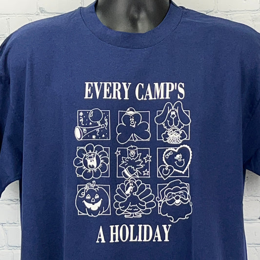 Vintage 80s Every Camps a Holiday T Shirt Seasons Camping Blue Unisex XL X-Large - Neon Vintage