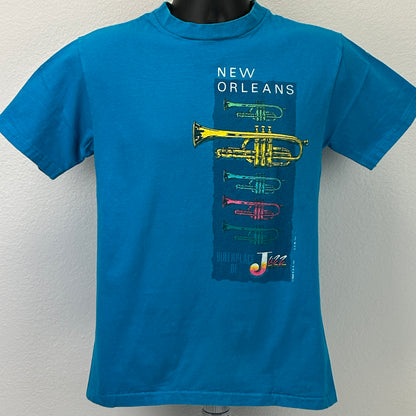 Vintage 80s New Orleans Jazz Trumpet T Shirt NOLA Brass Band USA Blue S Small
