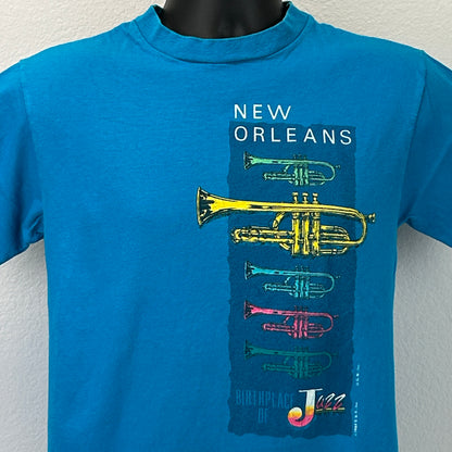 Vintage 80s New Orleans Jazz Trumpet T Shirt NOLA Brass Band USA Blue S Small