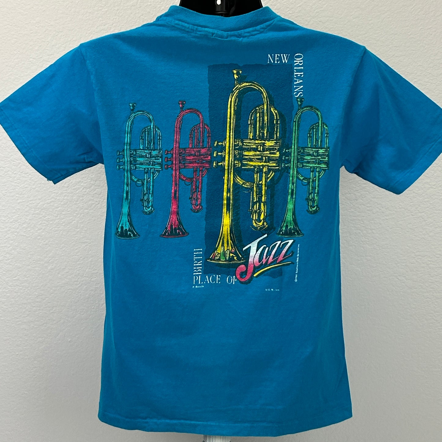 Vintage 80s New Orleans Jazz Trumpet T Shirt NOLA Brass Band USA Blue S Small