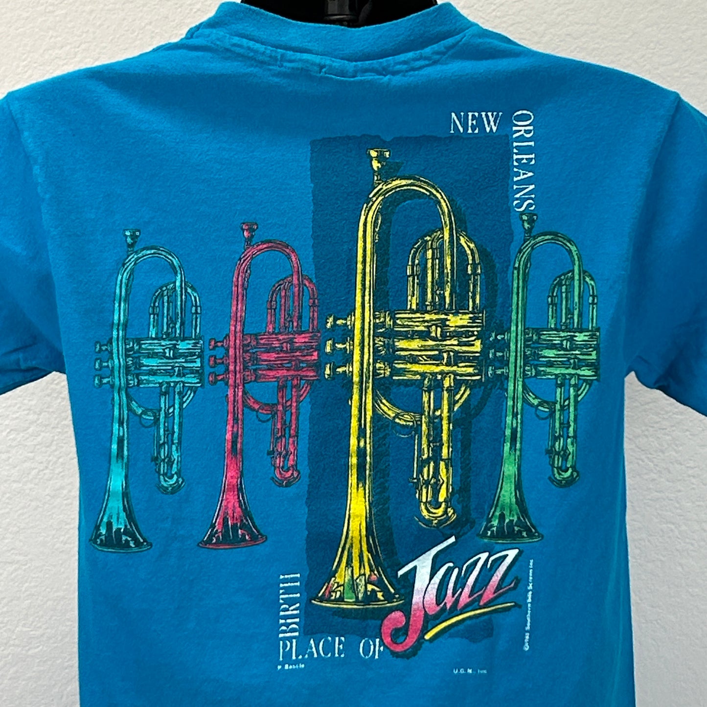 Vintage 80s New Orleans Jazz Trumpet T Shirt NOLA Brass Band USA Blue S Small