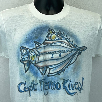 Vintage 80s Captain Nemo Submarine T Shirt Vulcania Disneyland USA White S Small