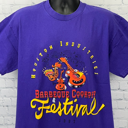 Vintage 90s Houston Industries Barbeque Cookoff T Shirt BBQ Texas Purple L Large - Neon Vintage