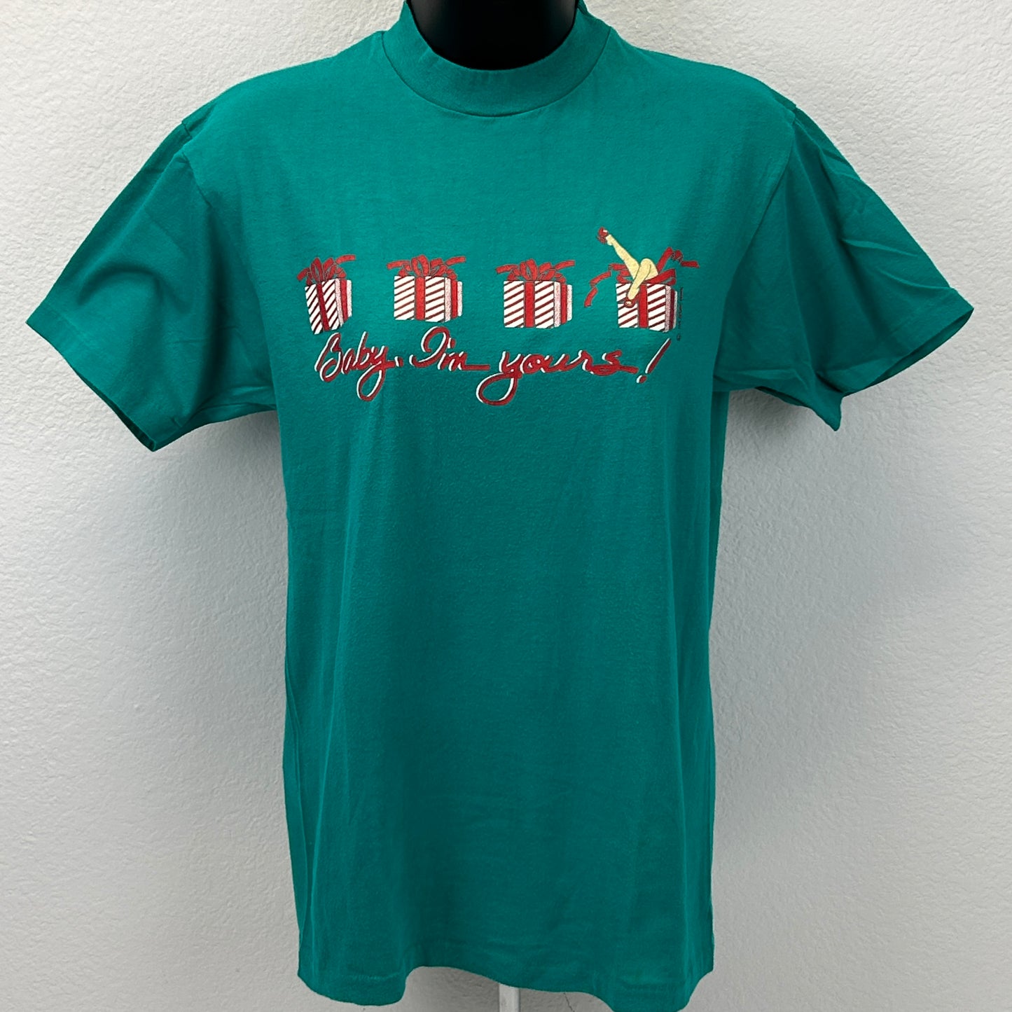 Vintage 80s Christmas Baby I'm Yours T Shirt Pinup Holiday Green Unisex S Small