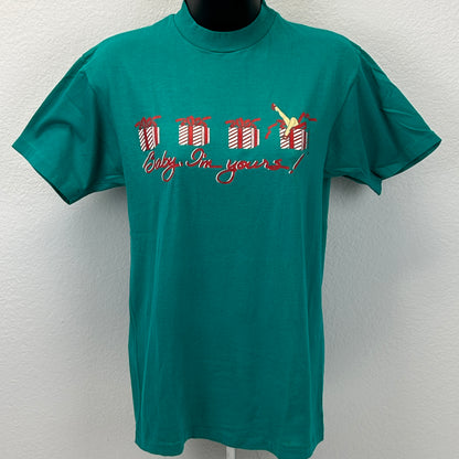 Vintage 80s Christmas Baby I'm Yours T Shirt Pinup Holiday Green Unisex S Small