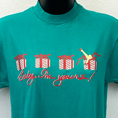 Vintage 80s Christmas Baby I'm Yours T Shirt Pinup Holiday Green Unisex S Small