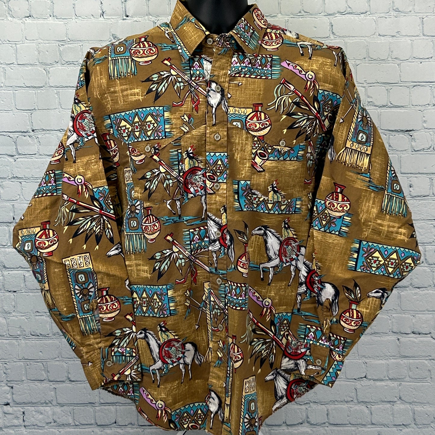 Vintage Panhandle Slim Button Front Shirt Native American Indian Brown M Medium