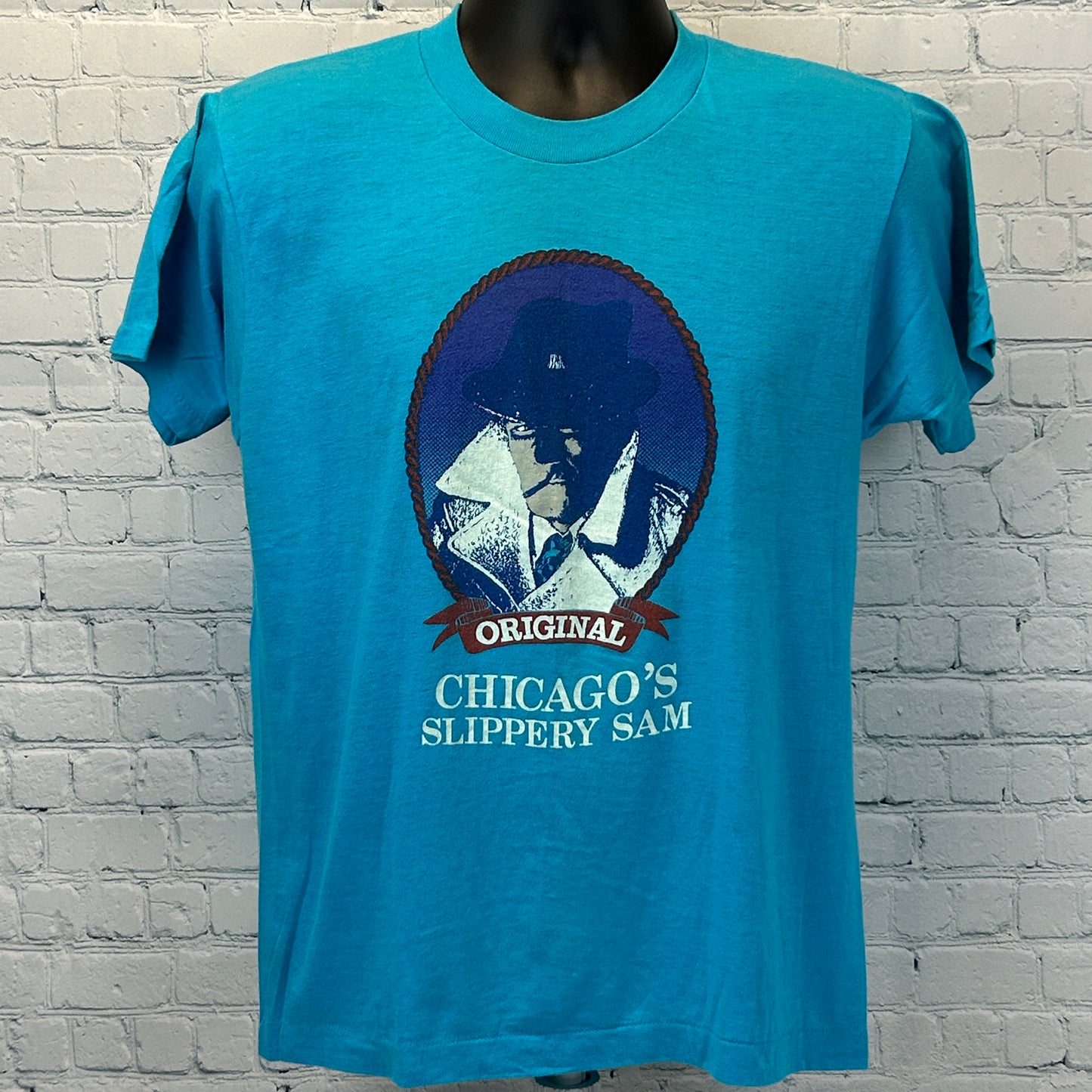 Vintage 80s Chicago's Slippery Sam T Shirt Made In USA Blue Tee Mens M Medium