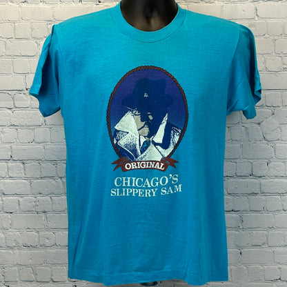 Vintage 80s Chicago's Slippery Sam T Shirt Made In USA Blue Tee Mens M Medium