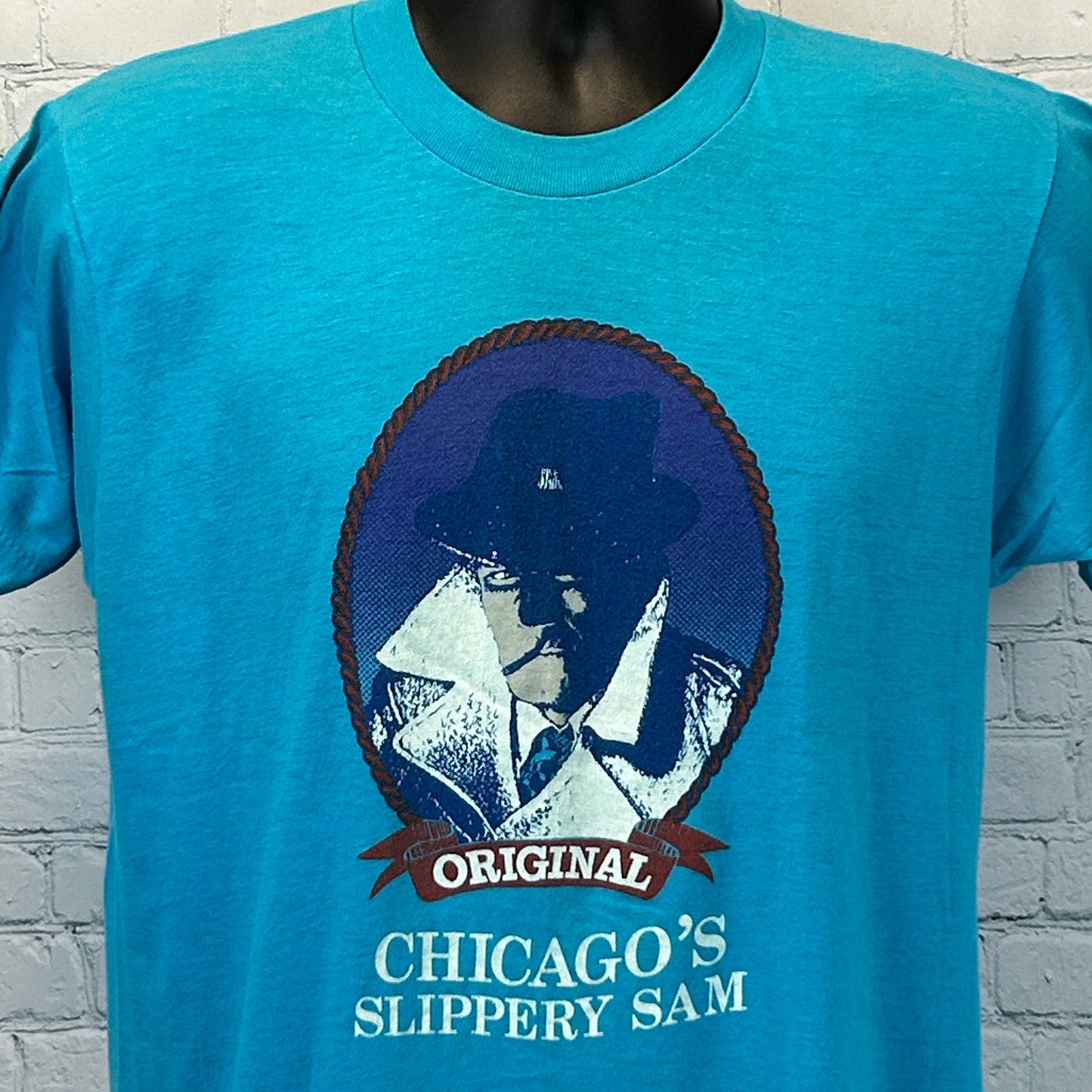 Vintage 80s Chicago's Slippery Sam T Shirt Made In USA Blue Tee Mens M Medium