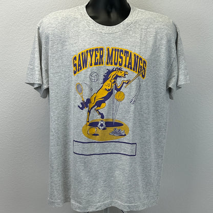 Vintage Sawyer Mustangs School PE T Shirt Mens Large Gray 90s Physical Education
