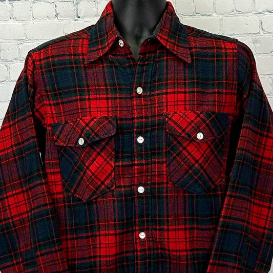 Vintage 60s Woolrich Plaid Flannel Button Front Shirt Red Wool Blend M Medium