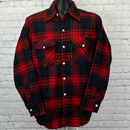 Vintage 60s Woolrich Plaid Flannel Button Front Shirt Red Wool Blend M Medium