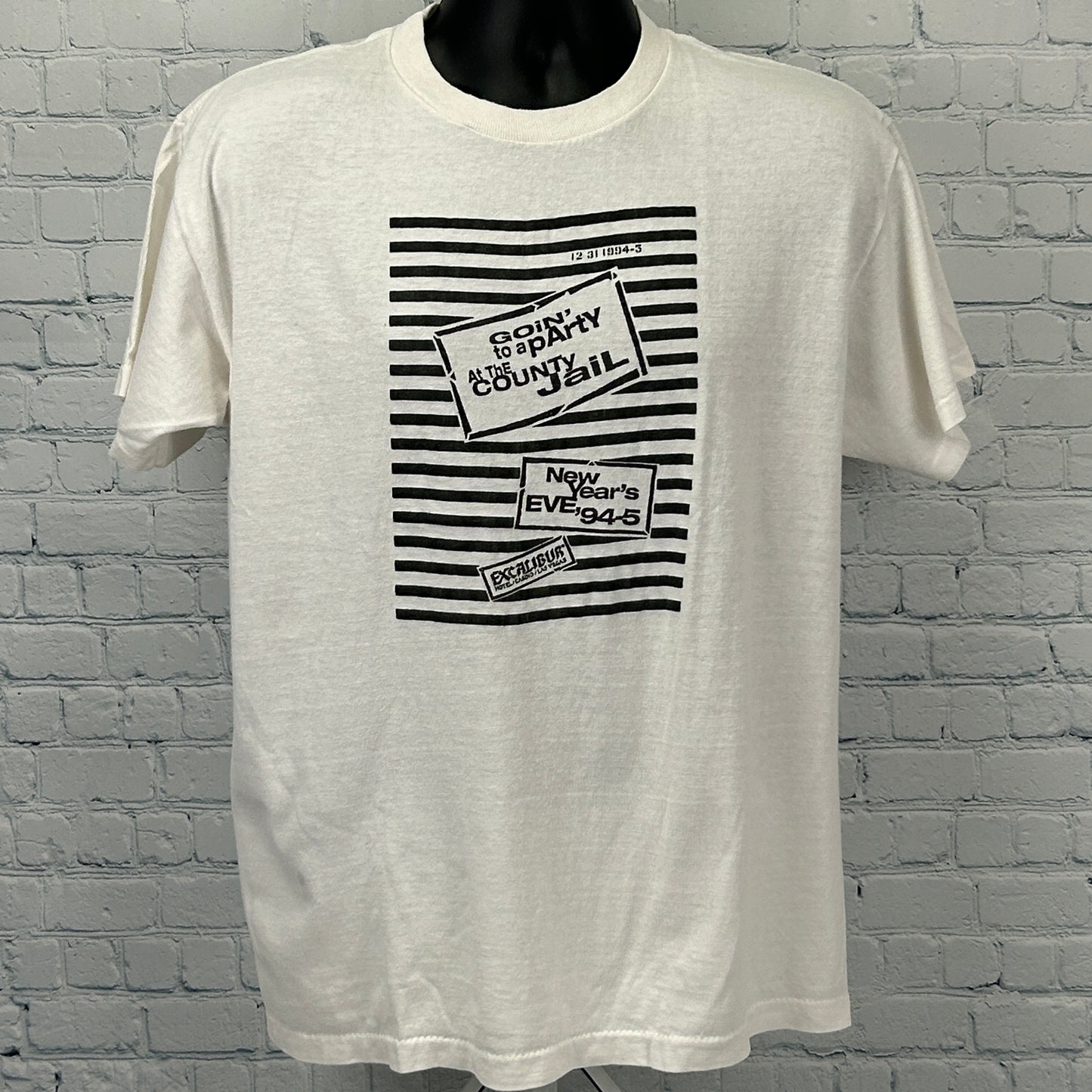 Vintage 90s Excalibur Las Vegas New Years T Shirt Jail Party Hotel White L Large