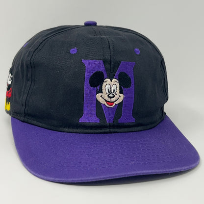 Vintage 90s Mickey Mouse M Cap Baseball Hat Black Walt Disney Snapback 6 Panel