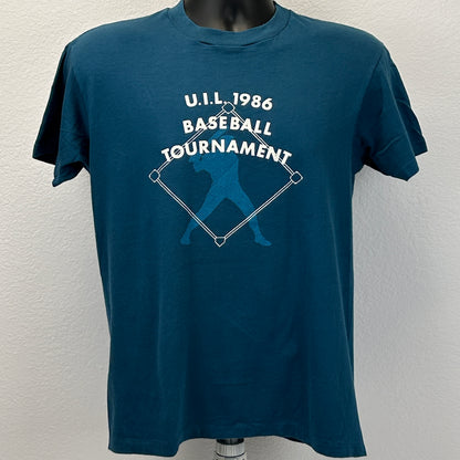Camiseta vintage del torneo de béisbol UIL, talla mediana, 1986, Texas, años 80, fabricada en EE. UU., para hombre, azul